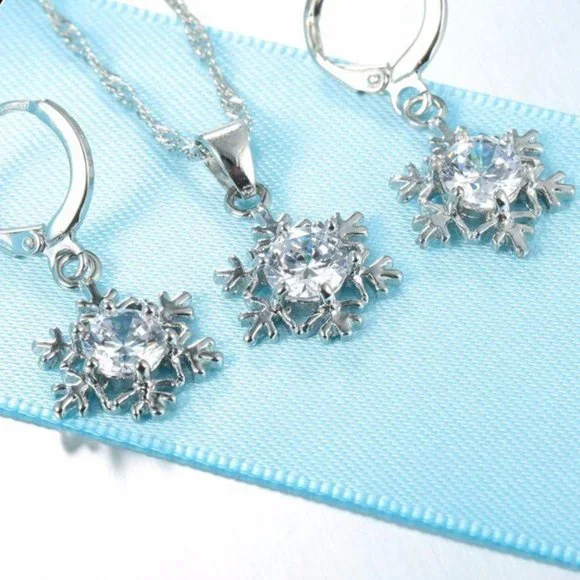 🌟 925 Sterling Silver Necklace Earrings Snowflake Set Drop - Picture 2 of 7